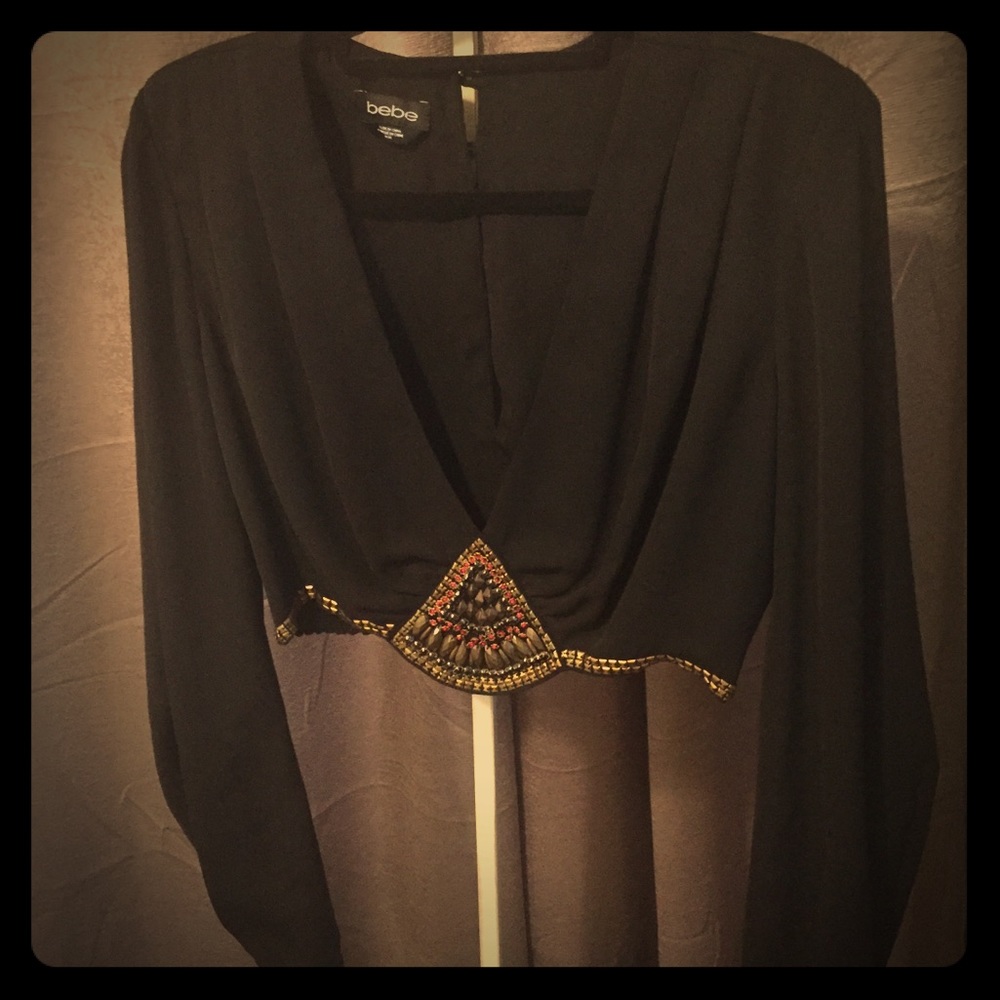 Vintage style black long sleeve top with beadwork